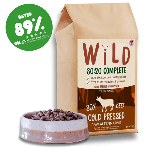Bag of Wild Beef Cold-Pressed Dog Food with British beef – grain-free, single protein, cold-pressed for nutrient retention.