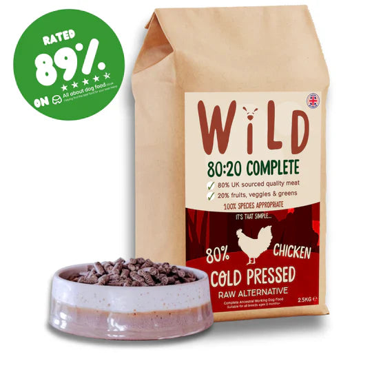 Wild Cold-Pressed Dog Food – Grain-Free Chicken Recipe with 89% AADF nutritional rating; high-protein, hypoallergenic, cold-pressed pellets suitable for sensitive dogs.
