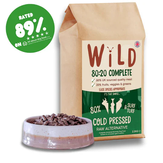 Bag of Wild Surf & Turf Cold-Pressed Dog Food featuring beef, chicken, and fish – grain-free, high-protein, and ideal for varied diets.
